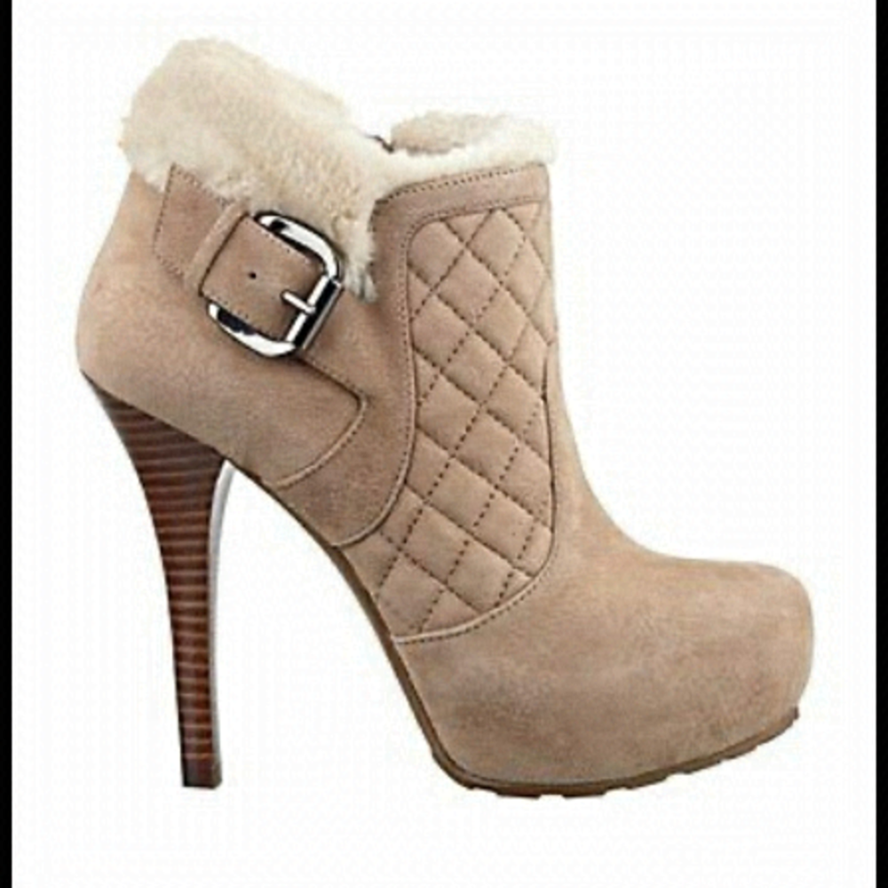 𝅺guess High Heel Platform Quilted Suede Faux Fur Ankle Booties, Tan , Size 10